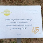 Tabliczka pamiątkowa z sadzenia drzewek z okazji Jubileuszu 45-lecia Spółdzielni Mieszkaniowej 